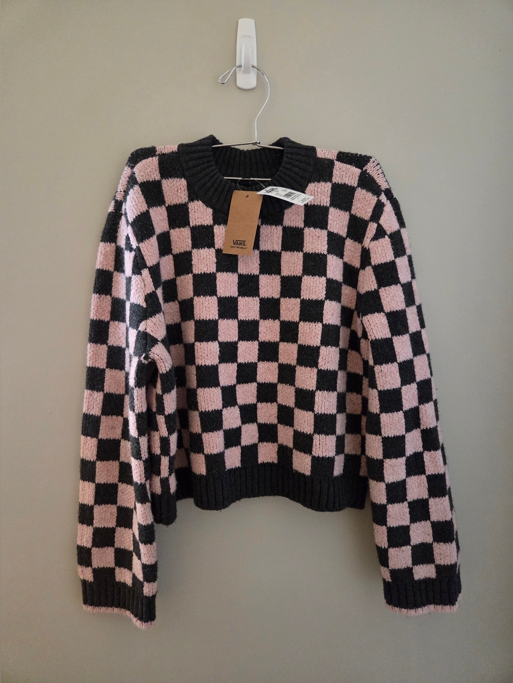 Vans Women Pink and Black Checkerboard Crewneck Sweater